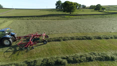 Un-Dron-Rastrea-Un-Tractor-Azul-Cortando-Pasto-En-Un-Campo-Verde-Y-Organizándolo-En-Una-Línea-Listo-Para-Convertirlo-En-Forraje-Para-Animales.