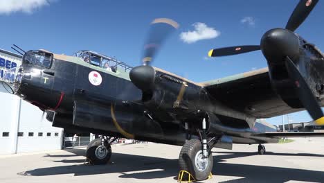 Avro-Lancaster-FM159-Running-its-engines-as-part-of-the-Mosquito-Restoration-fundraising-public-event-held-at-the-Bomber-Command-Museum-of-Canada,-in-Nanton,-Alberta