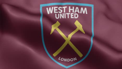 Bucle-De-Primer-Plano-Animado-De-4k-De-Una-Bandera-Ondeante-Del-Equipo-De-Fútbol-De-Primera-División-West-Ham-En-El-Reino-Unido