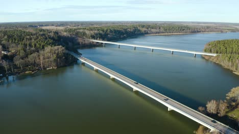 Aerial-view-of-Two-highway-bridges-over-river