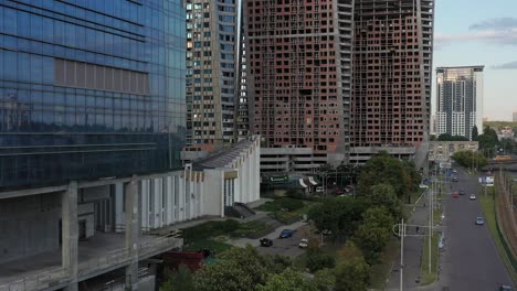 Aerial-View-of-Skyscrapers-Under-Construction-in-Kyiv,-Ukraine