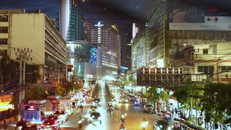 Busy-Street-Wide-View-Night-Bangkok,-Thailand