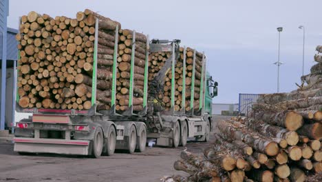 Camión-De-Carga-Lleno-De-Troncos-De-Madera,-Durante-El-Día,-De-Mano