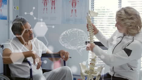 Animation-of-medical-data-over-diverse-female-physio-showing-senior-male-patient-spine