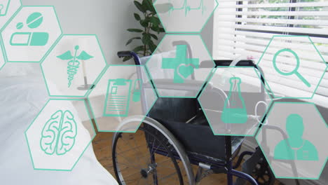 Animation-Medizinischer-Symbole-über-Einem-Krankenhausbett-Mit-Rollstuhl