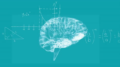 Animation-Eines-Digitalen,-Sich-Drehenden-Gehirns-über-Mathematischen-Gleichungen