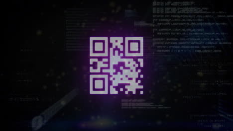 Animation-of-qr-code-over-data-processing-on-black-background