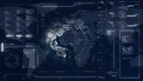 Animation-of-data-processing-with-globe-over-world-map-on-black-background