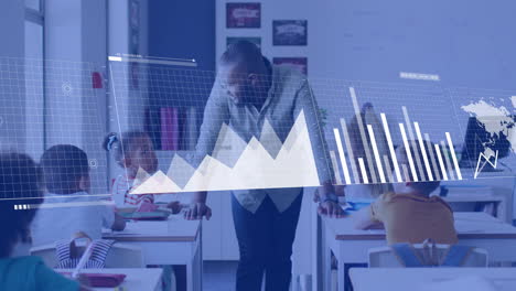 Animation-of-data-processing-and-diagrams-over-diverse-male-teacher-with-schoolchildren-in-classroom