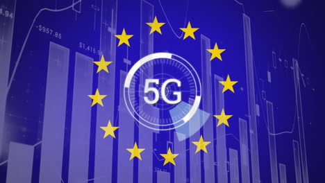 Animation-of-financial-data-processing-over-5g-text-and-flag-of-euopean-union