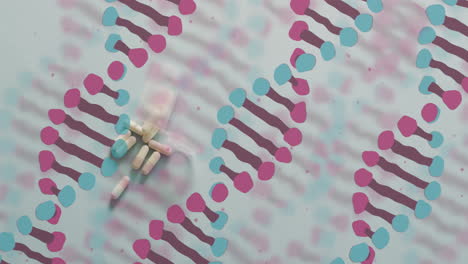 Animation-Von-Rosa-Und-Blauen-DNA-Strängen-über-Pillen-Auf-Weißem-Hintergrund