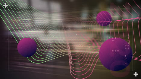 Animation-of-purple-spheres-and-digital-data-processing-over-mesh