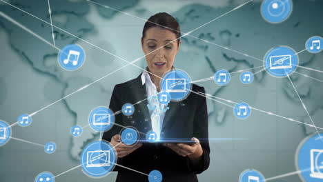 Animation-of-network-of-connections-with-icons-over-caucasian-casual-businesswoman-using-tablet