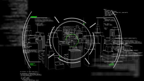 Animación-Del-Procesamiento-De-Datos-Digitales-Sobre-El-Paisaje-Urbano-Sobre-Fondo-Negro