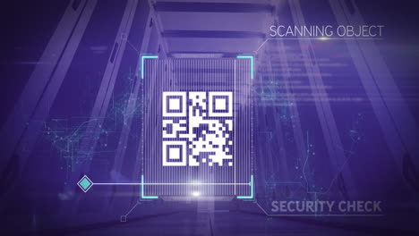 Animation-of-data-processing-and-qr-code-scanning-over-server-room