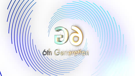 Animation-of-6g,-6th-generation-text-in-gold-over-blue-spiral-lines-processing-on-white-background