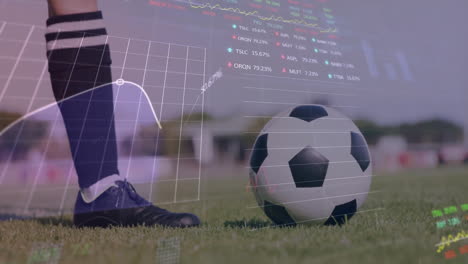 Animation-Der-Verarbeitung-Finanzieller-Daten-über-Einem-Kaukasischen-Fußballspieler-Mit-Ball