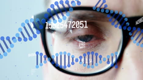 Animation-of-dna-strands-and-processing-data-over-caucasian-person-in-glasses-blinking-eye