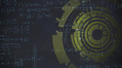 Animation-of-yellow-circular-scanner-processing-over-mathematical-equations-on-dark-background
