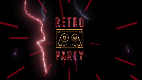 Animación-De-Un-Relámpago-Sobre-Texto-De-Fiesta-Retro-Con-Icono-De-Gamepad-Sobre-Fondo-Negro