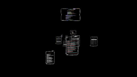 Animation-of-advancing-interface-screens-processing-data-floating-on-black-background