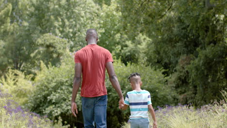 African-American-father-and-son-walk-hand-in-hand-through-a-lush-park-at-home