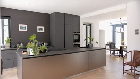 A-modern-kitchen-features-sleek-dark-cabinetry-and-a-central-island