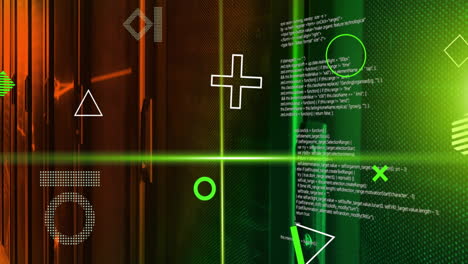 Animation-of-rotating-shapes,-green-scanner-beams-processing-data-and-networks-over-server-room