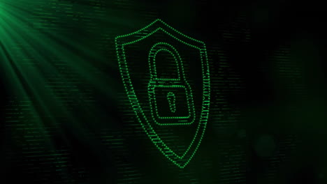 Animation-of-padlock-and-shield-with-digital-data-processing-over-black-background