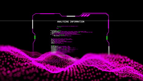 Animation-of-interface-analysing-information-over-pink-network-wave-on-black-background