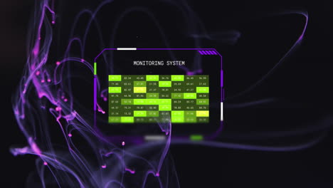 Animation-of-interface-monitoring-system-over-purple-network-floating-on-black-background