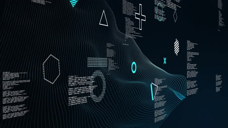 Animation-Rotierender-Formen-Und-Netzwerkwellen-über-Der-Datenverarbeitung-Auf-Schwarzem-Hintergrund