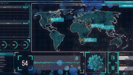 Animation-of-world-map-and-data-processing-on-black-background