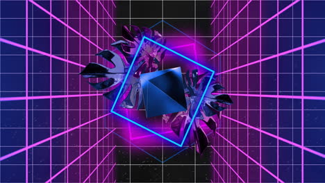 Animation-of-blue-neon-square,-3d-diamond-and-leaves-rotating-over-pink-grids-on-dark-background