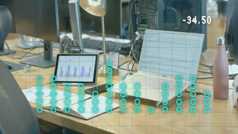 Animation-of-countdown-and-graph-processing-data-over-laptop-and-tablet-on-office-desk