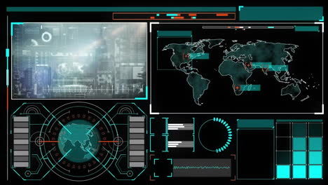 Animación-Del-Globo,-Paisaje-Urbano,-Mapa-Mundial-Y-Procesamiento-De-Datos-Sobre-Fondo-Negro