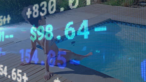 Animation-of-financial-data-processing-over-african-american-woman-sitting-in-swimming-pool