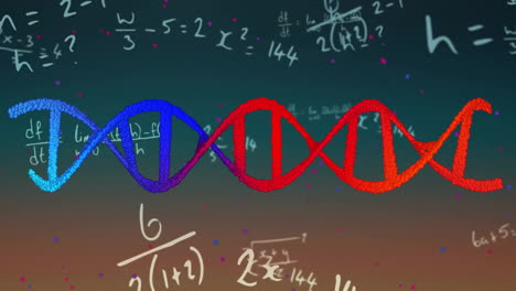 Animation-of-dna-strand,-mathematical-formulae-and-data-processing-over-dark-background