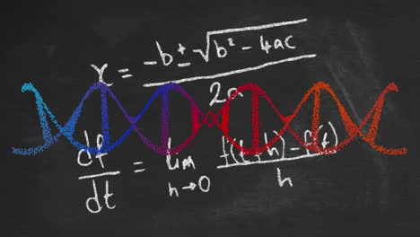 Animation-of-dna-strand,-mathematical-formulae-and-data-processing-over-dark-background