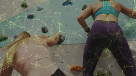Animation-of-data-processing-with-connections-over-caucasian-women-climbing-wall