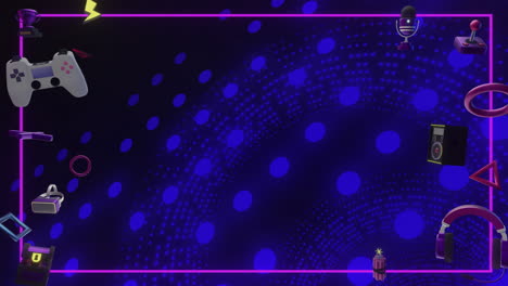 Animation-Von-Gamecontrollern,-Symbolen-Und-Rosa-Rahmen-über-Blinkenden-Spulen-Aus-Blauen-Lichtern