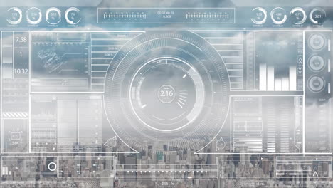 Animation-Des-Scope-Scannens-Und-Der-Datenverarbeitung-über-Der-Stadtlandschaft