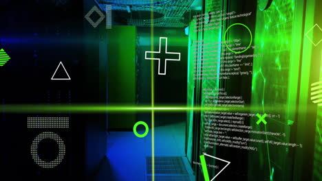 Animation-of-rotating-shapes,-green-scanner-beams-and-processing-data-over-server-room