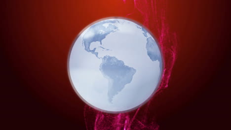 Animation-of-globe-over-pink-shapes-on-red-background