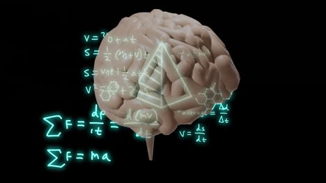 Animation-of-mathematical-equations-and-elements-over-brain-on-black-background