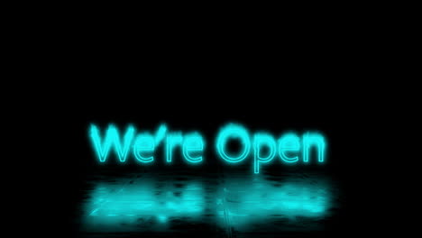 Animation-of-blue-neon-we''re-open-text-on-black-background