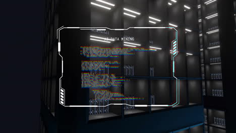 Animation-of-ai-data-mining-text-on-processing-file-over-dark-computer-server-room