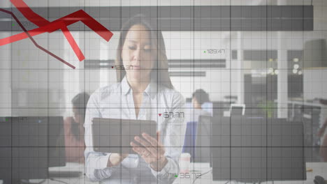 Animation-of-red-graph-processing-data-over-asian-businesswoman-using-tablet-at-office