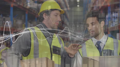 Animation-of-diagrams-over-caucasian-male-workers-talking-in-warehouse