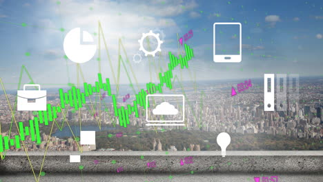 Animation-Von-Diagrammen,-Mediensymbolen-Und-Verarbeitungsdaten-über-Blauem-Himmel-Und-Stadtbild